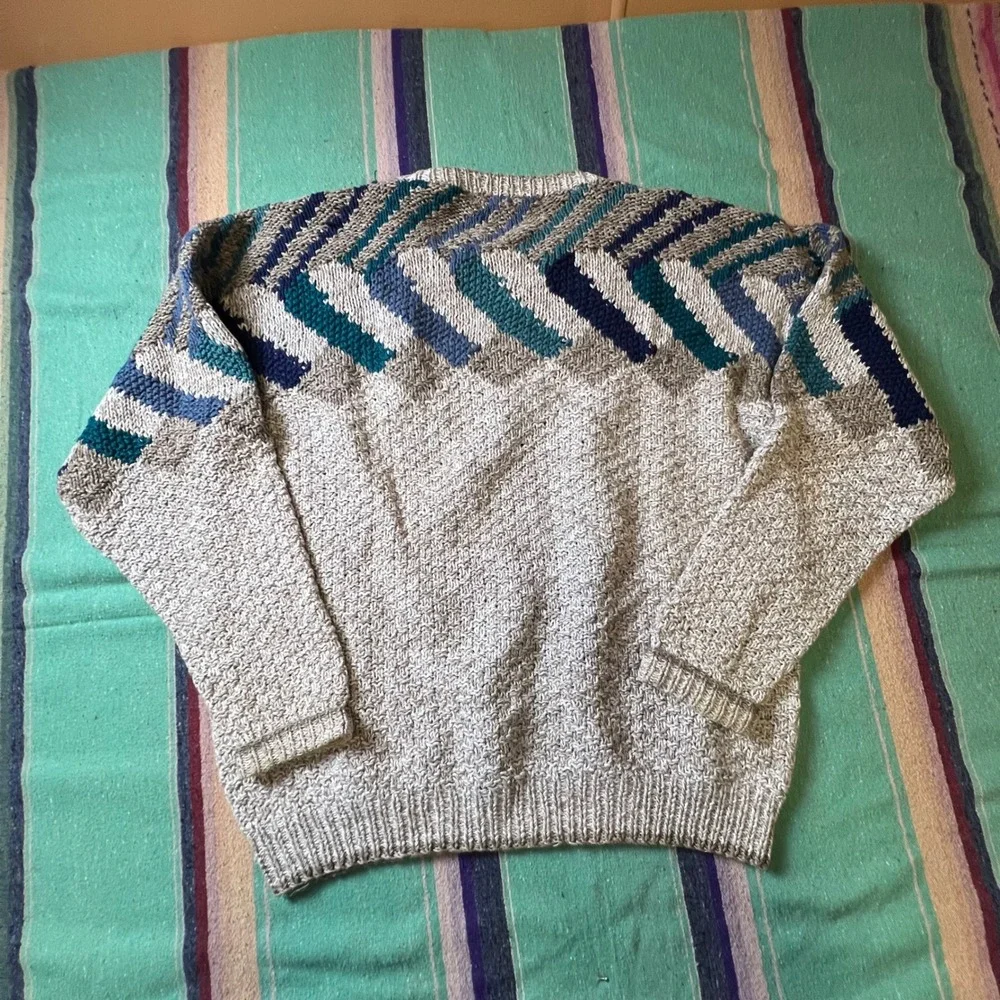 Northern Isles Sweater Mens M Beige Blue Geometric Snowflake Knit Vintage 90s